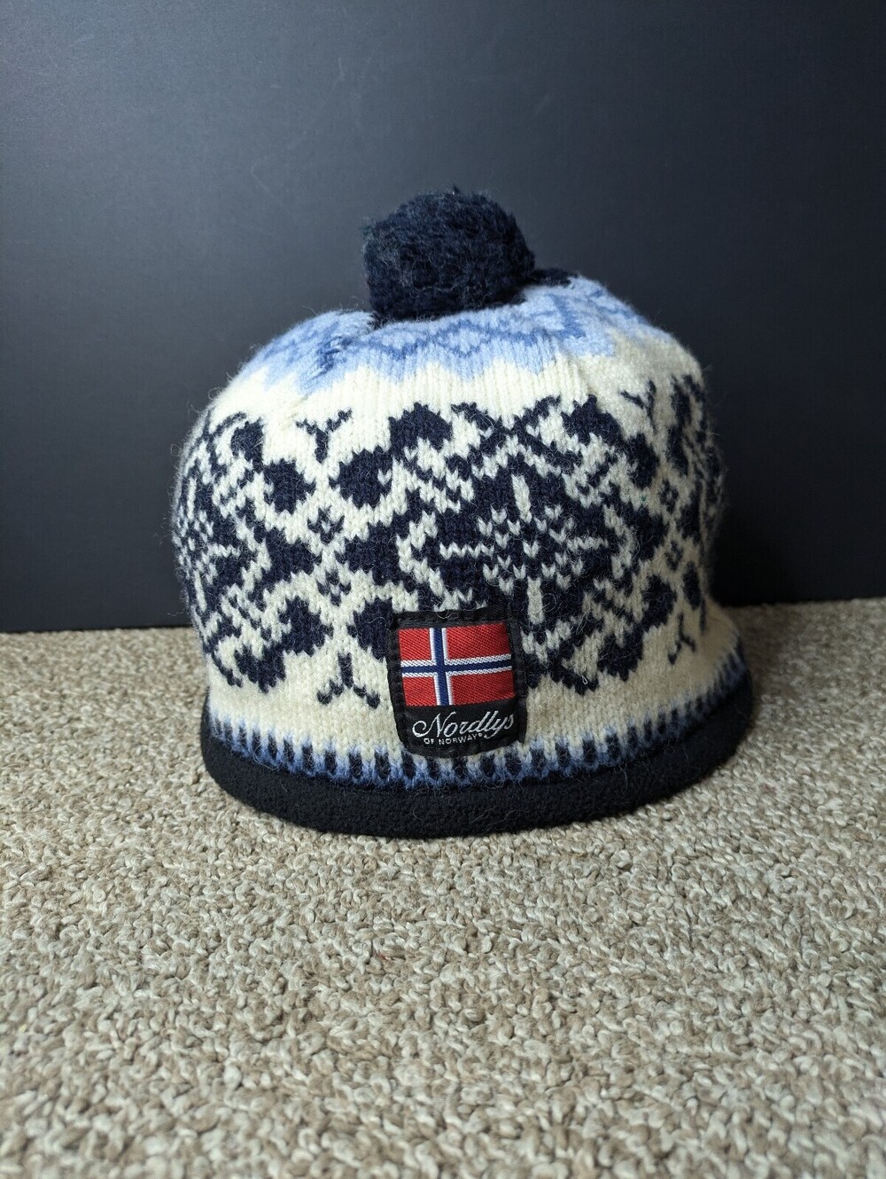 Nordlys of Norway Trondheim Wool Beanie Hat OS FM Blue Fleece Lined Nordic Pom